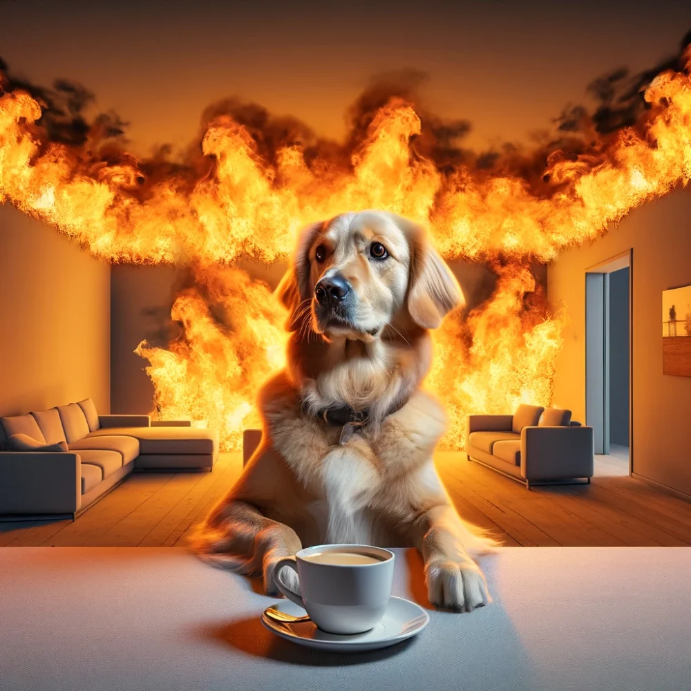 The dog even has a worried look on its face. When AI works it's magic.