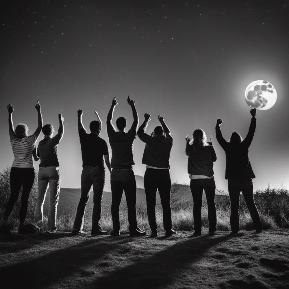 I wonder if generative AI can't do angry? But also I love the tiny arm coming out of one person's ear, and the fact that one of them appears to have actually punched the moon.