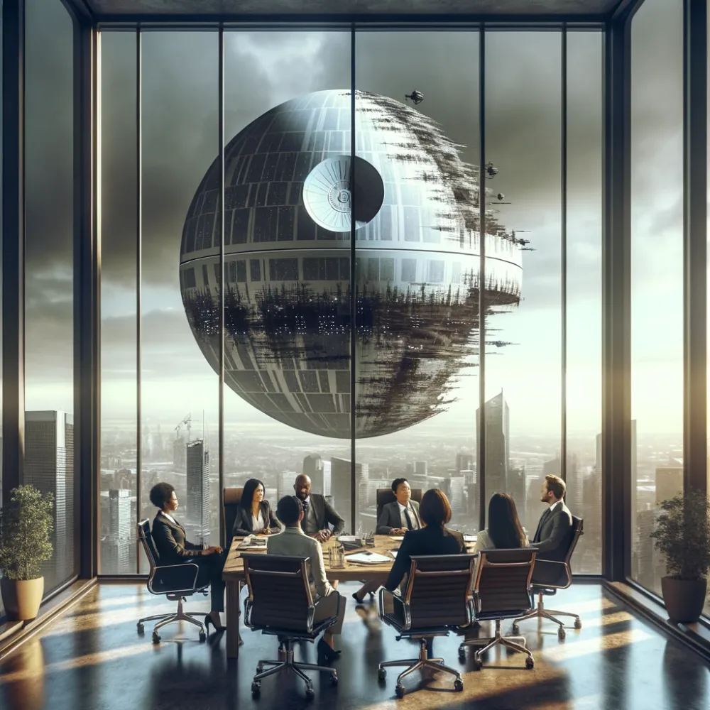 DALL-E 3, mixing it up with the Jedi unfinished Death Star