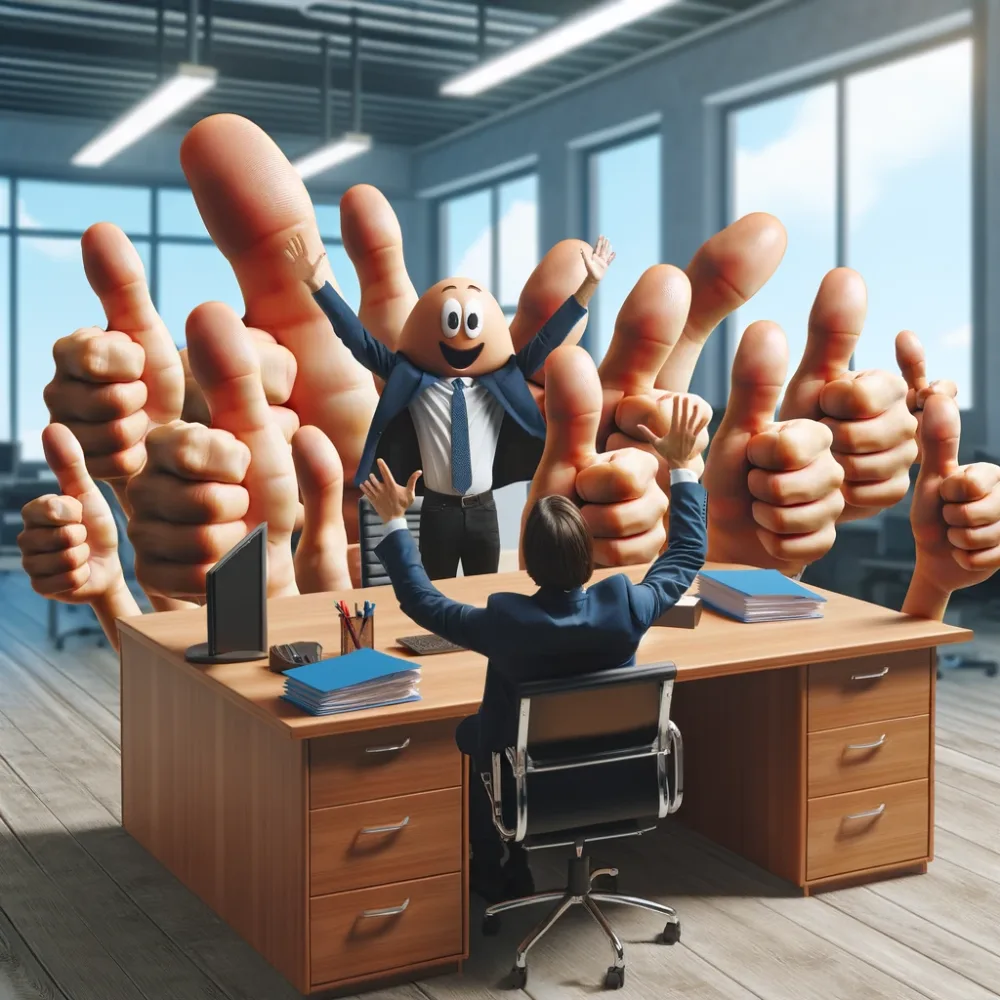 For the record I'd like to point out that the thumb and the human are wearing Waldo-colored blue suits