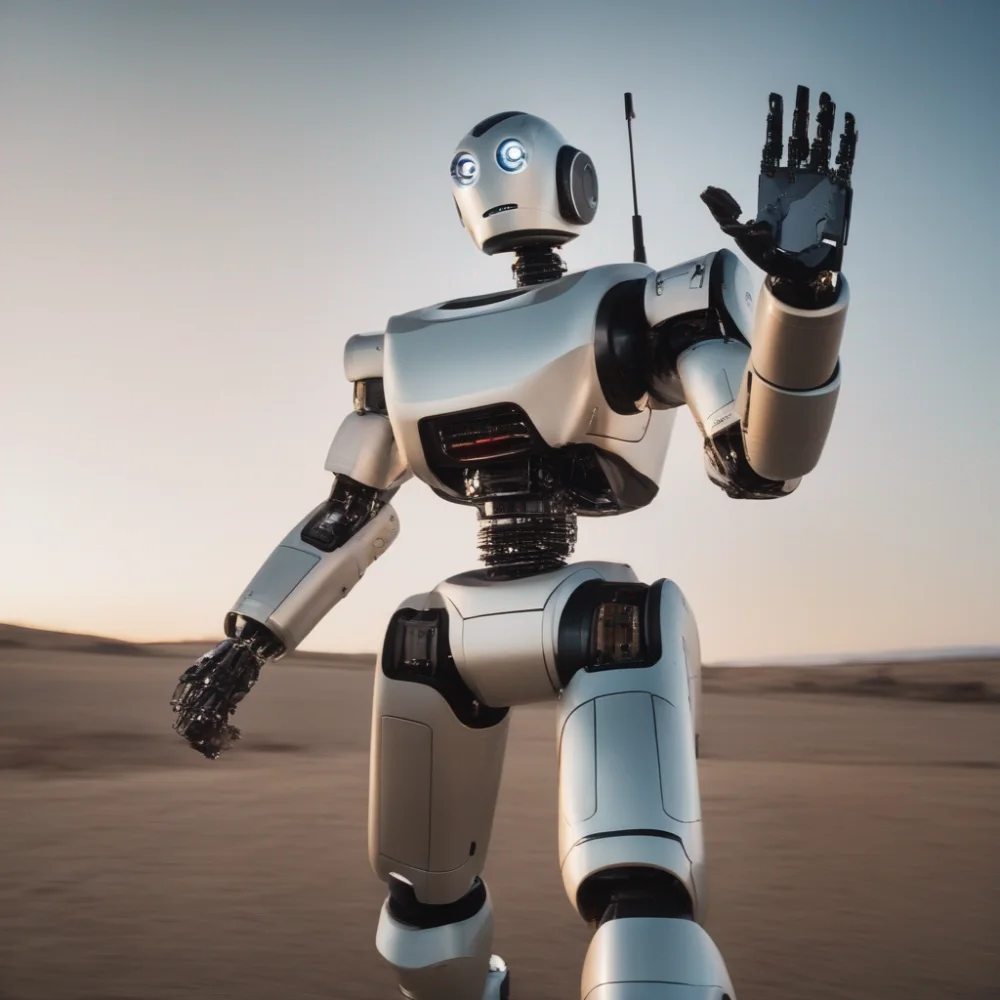 an 8k high resolution photo of a robot waving goodbye