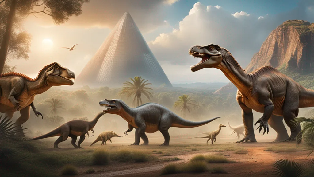 Not only are they not looking up, there's what looks like a human-made pyramid. Is this evidence that humans and dinosaurs lived at the same time?!
