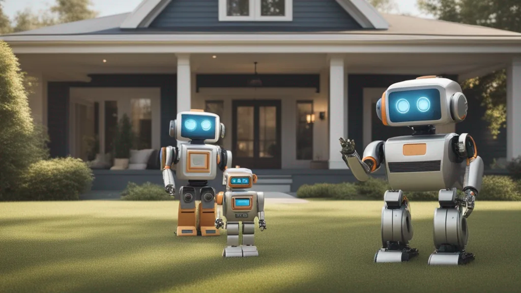an 8k high resolution detailed photo of a robot family standing in front of their dream home, waving goodbye