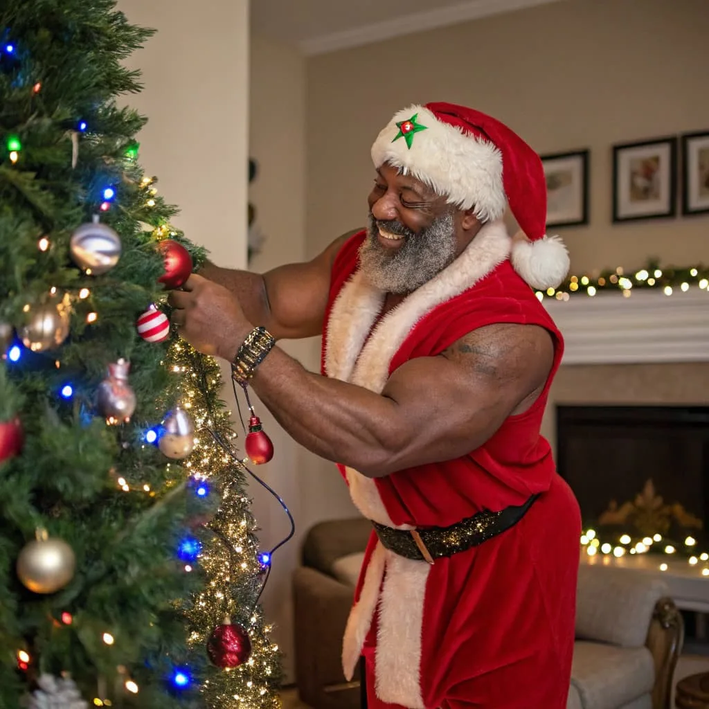 Santa's having a blast decorating this tree!