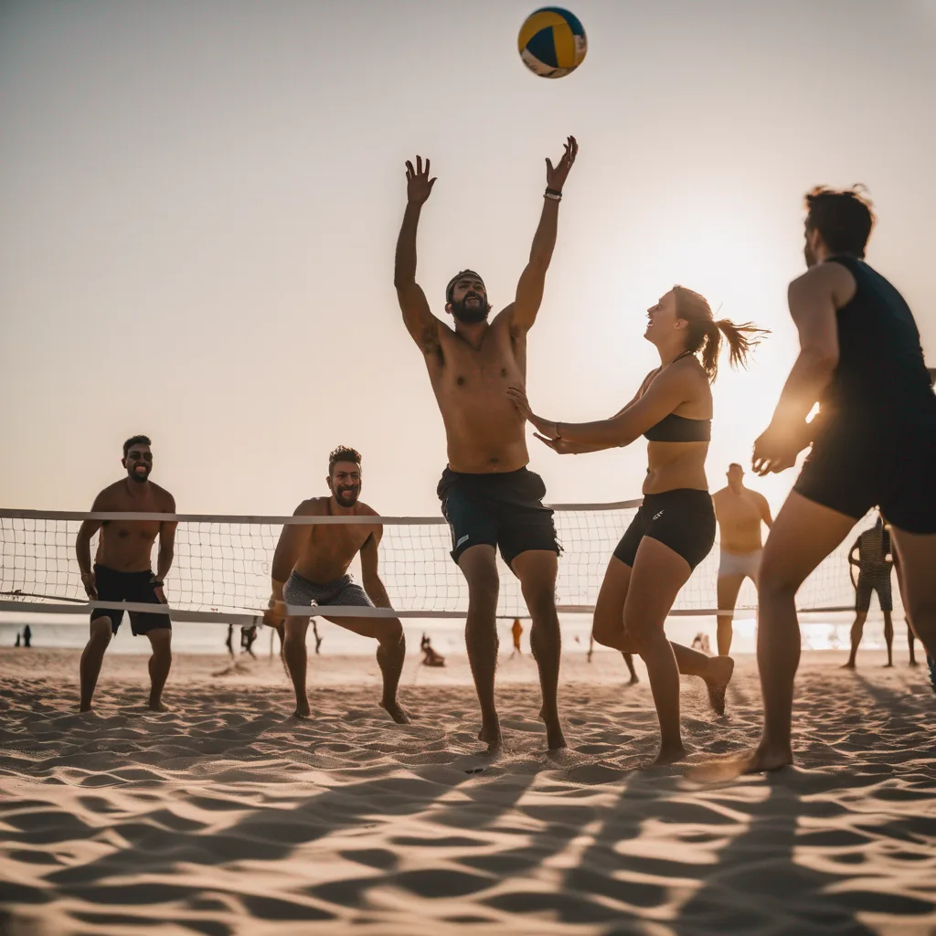 Great photo except how would you know they're office workers? They're just wearing beach clothes. Also that net is like waist high max, and just sort of stops existing behind the woman.