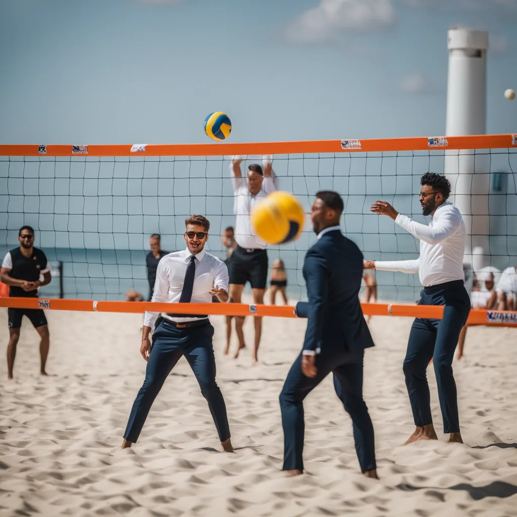 They all got that Waldo suit, and I bet the one with the net literally through his hip wishes he was back in the office instead of on beach time.
