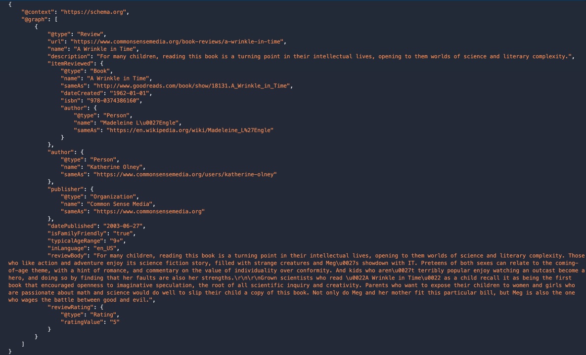 The JSON-LD code embedded in the Common Sense Media page