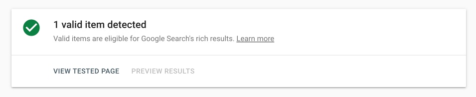 Google rich results test result, showing one valid item