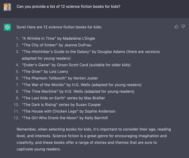 The results of a ChatGPT query for the term 'Can you provide a list of 12 science fiction books for kids?'