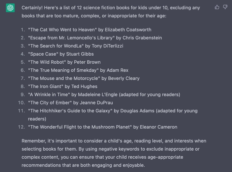 The results of a ChatGPT query for the term 'excluding any books that are too mature, complex, or inappropriate for their age?'