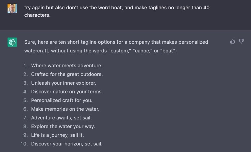 Asking ChatGPT to avoid boat and limit character length.