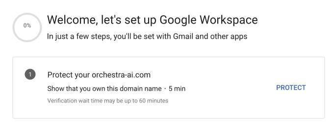 Google Workspace screen to start the process of verifying domain ownership.