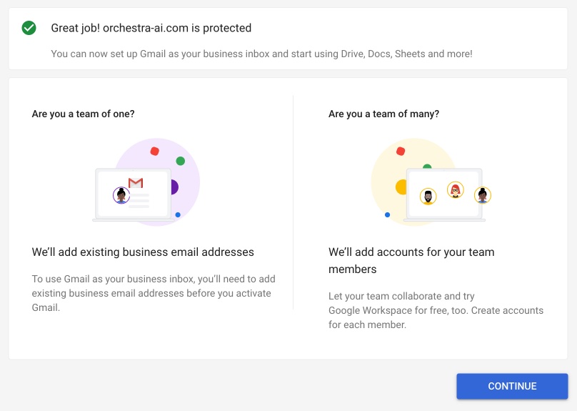 Start screen for configuring email addresses with your domain