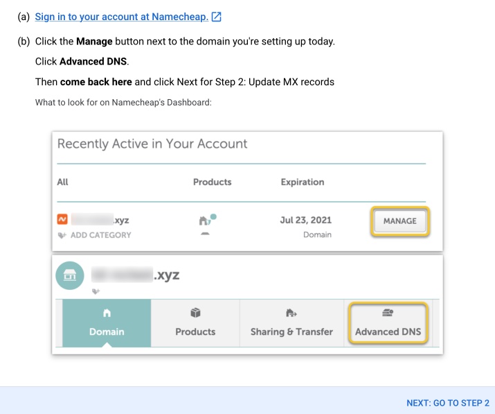 Google's documentation showing how to set up MX records for GMail
