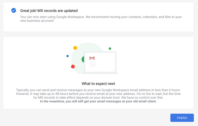 Google's confirmation that MX Records are configured