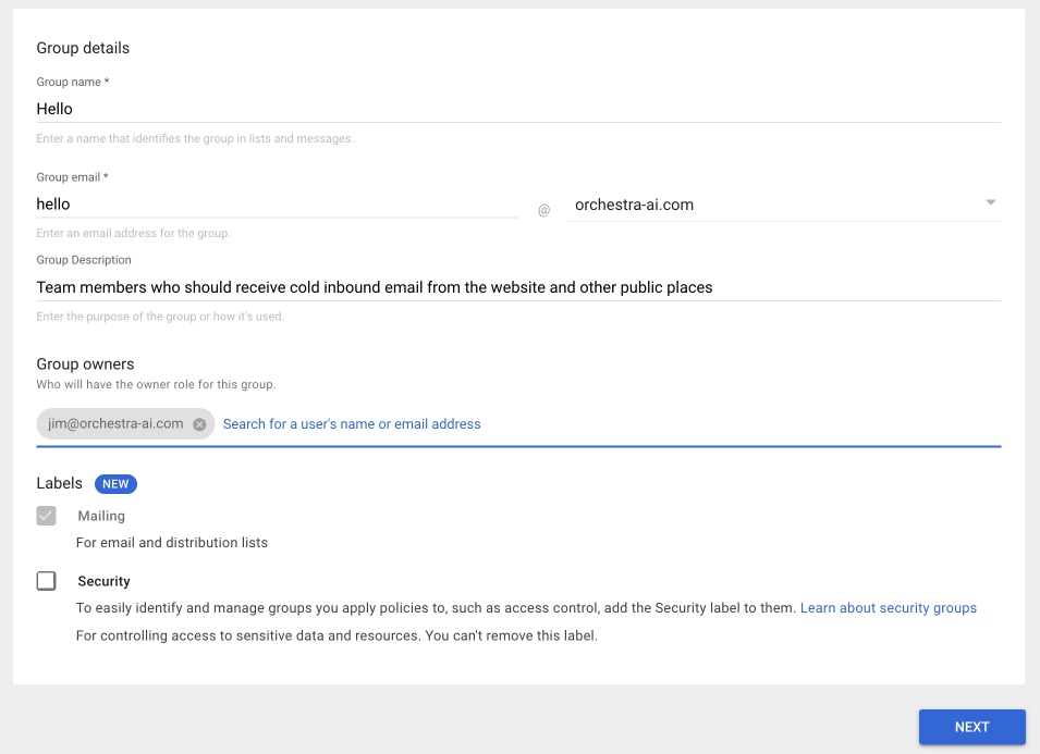 The Google Workspace Admin mailing group creation initial screen
