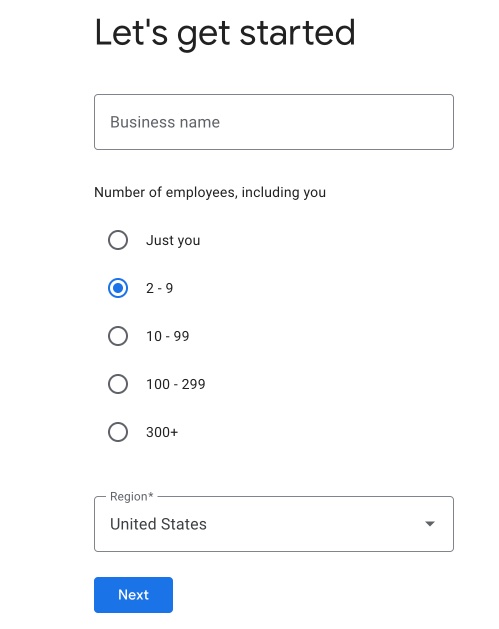 Google Workspace signup step one