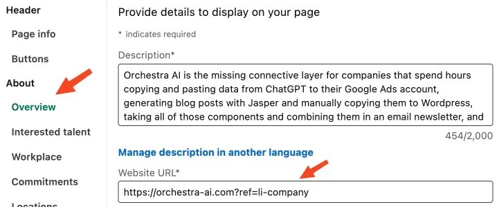 The LinkedIn Company Page edit screen, showing an updated Website URL