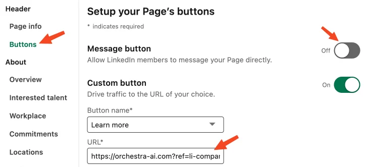 LinkedIn's Company Info screen, showing the Custom Button setup page
