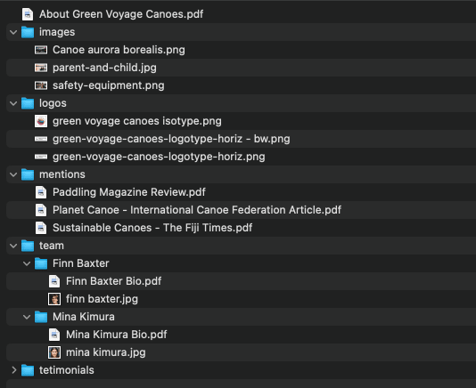 The folder structure for Green Voyage Canoes' press kit